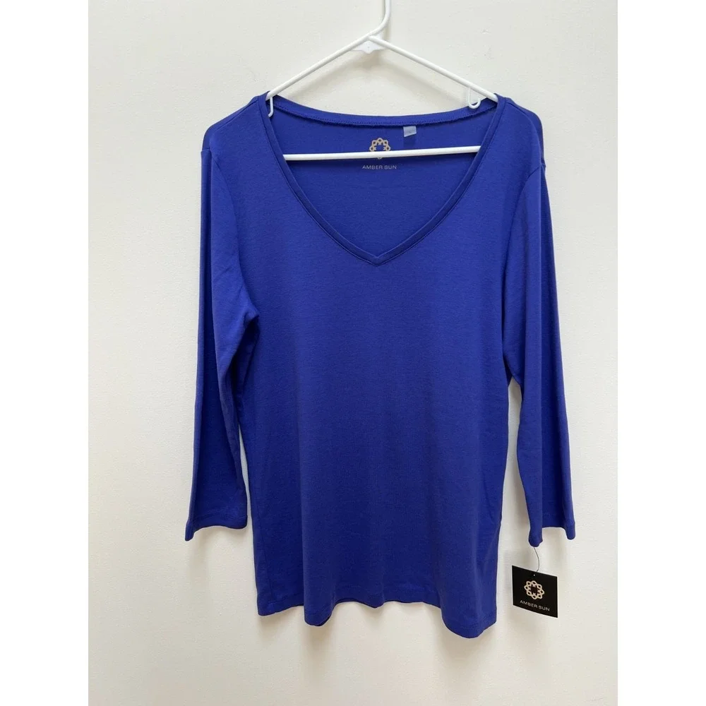 NWT Amber Sun 100% cotton 3/4 sleeve blue t-shirt soft comfortable casual